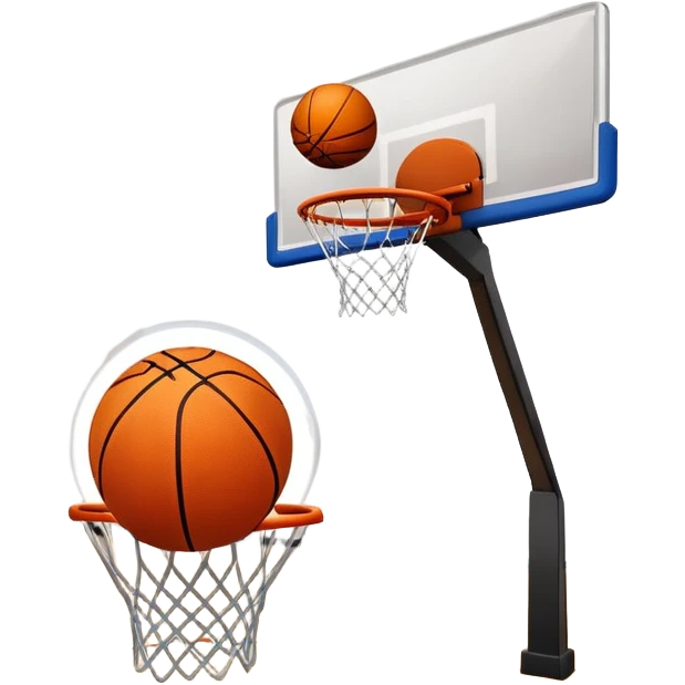 A close-up shot of a basketball entering the hoop, with the ball swishing through and inside  the basket. The background features a blurred basketball court, emphasizing the perfect shot and the excitement of the game. emoji