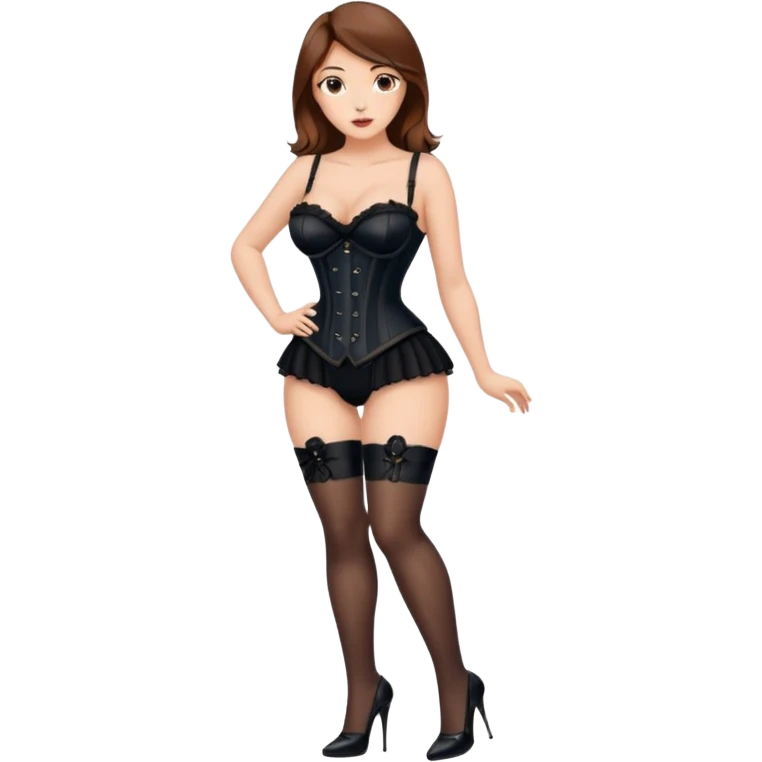 brown hair woman with very big boobs wearing stockings on her legs a corset and high heels no panties emoji