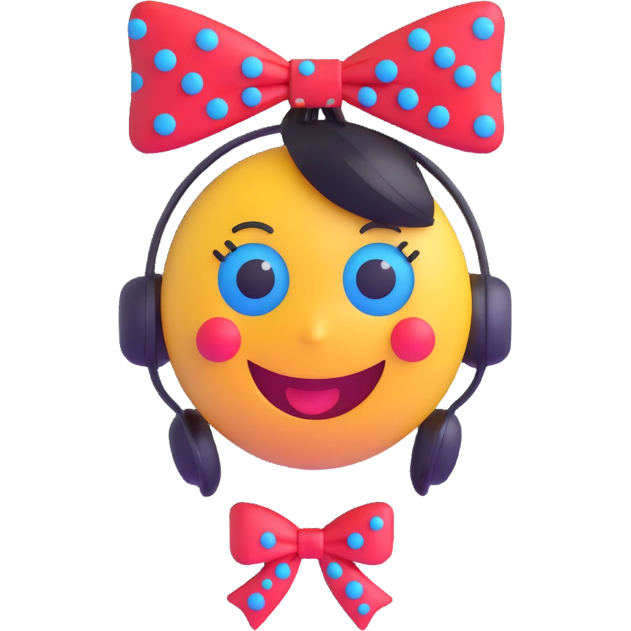 3D smiley emoji, large eyelashes, red polka dot bow, nervous, side-looking eyes, blue eyes, musical notes emoji