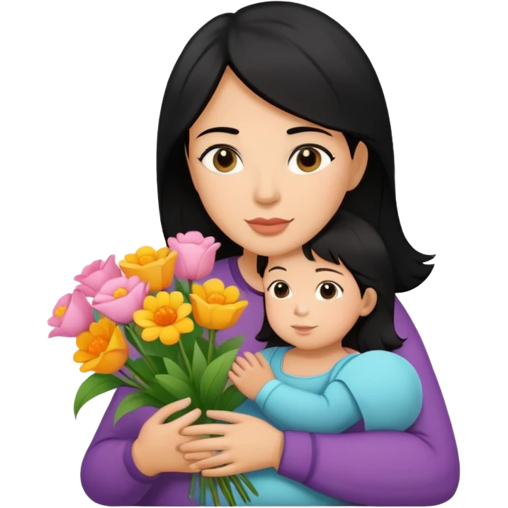 black haired mother with a child holding flowers emoji