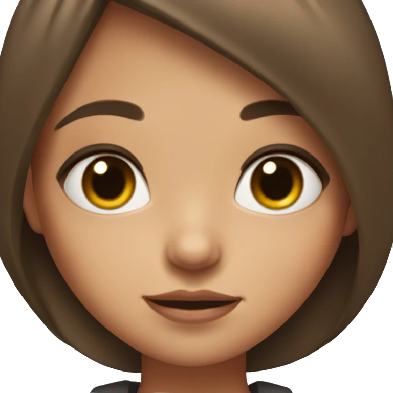 Girl with brown hair, peach skin, big eye lashes, small mouth emoji