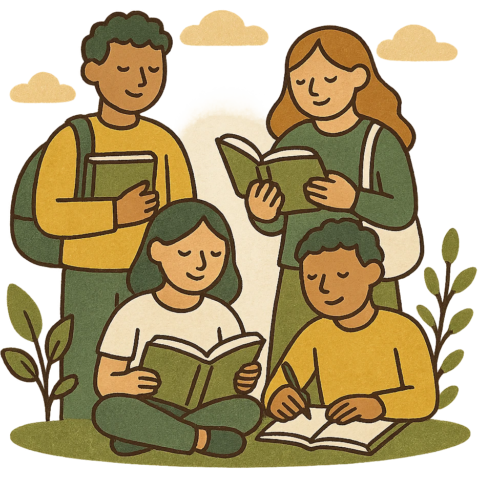 students, modern look, green gold and white color scheme, rounded shapes, simple design emoji