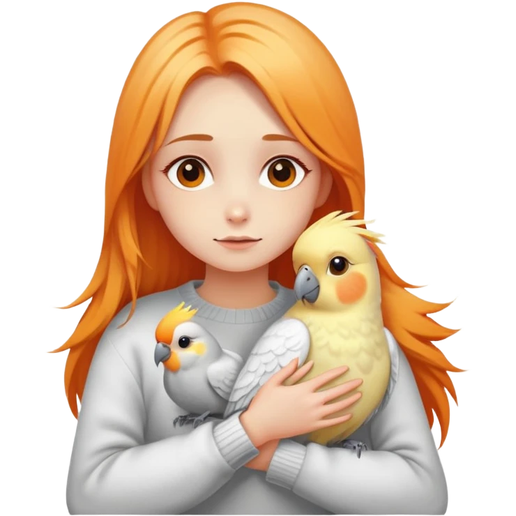 a girl with long orange light hair, in a white sweater, hugs two cockatiel bird, one yellow and other yellow with gray emoji