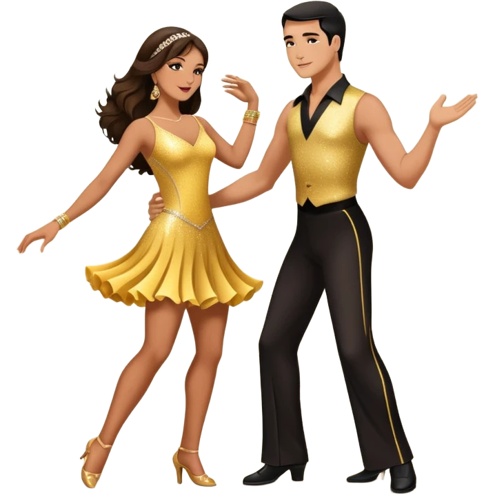 Photorealistic dancesport professional latin couple dancing the samba at the competition dancefloor, the women is in skinny sparkly dress, , the women has brown long hair, the man has short black hair, the man hold woman's hand by his one hand and his second hand is on the women's waist  emoji