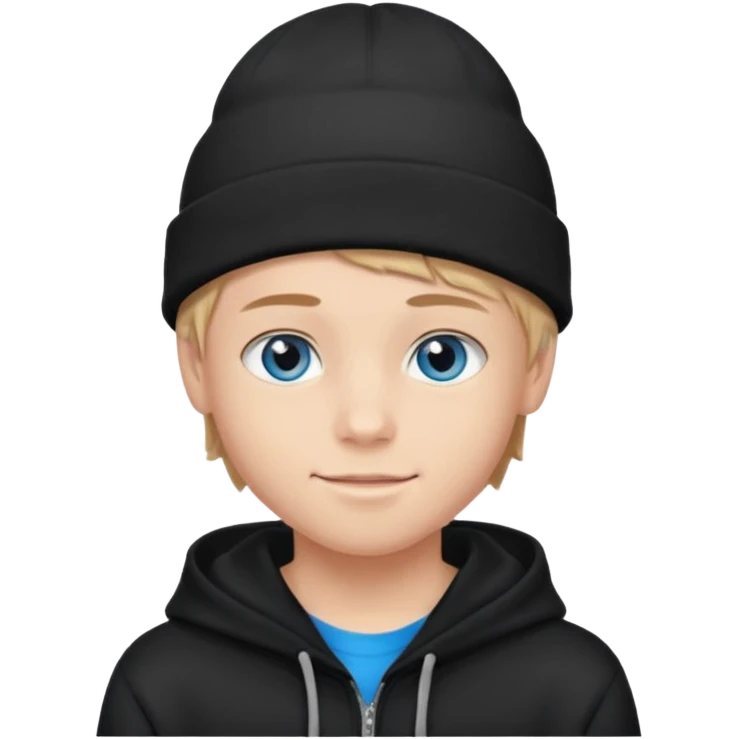 handsome and young teen pinterest boy good at fashion. popular among 'that brat girl', wearing hoodie (no blue) and beanie with blue eye  and little smile  emoji