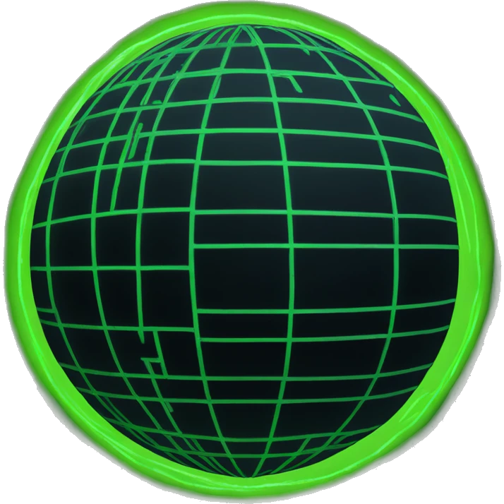 imagine a neon green globe with lines in the shape of a sphere with a black background with lines only on the sphere emoji