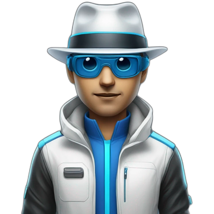white man with blue/black high tech gear on face and with fedora hat with fast sci-fi glasses emoji