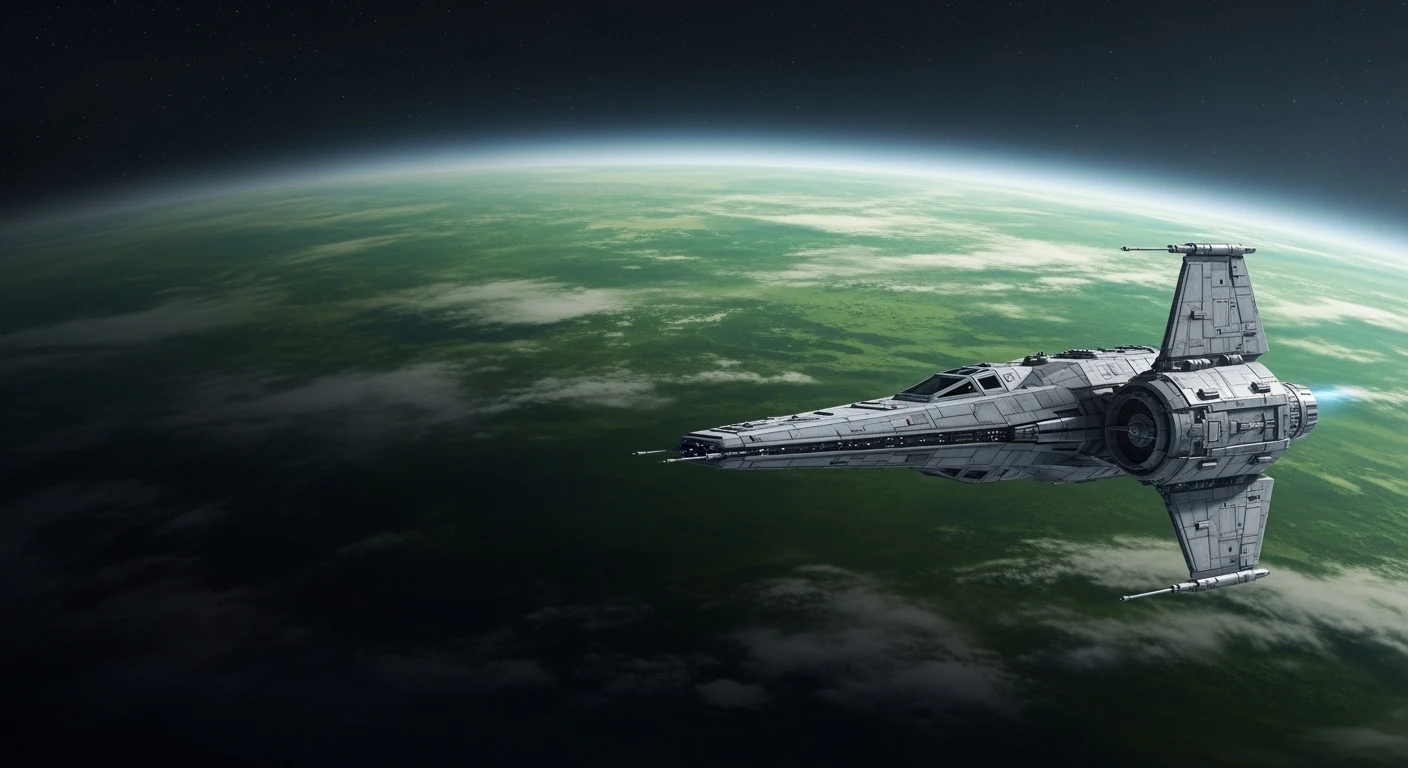 cinematic still, single starship, greem planet in distance, inspired by StarWars movie, captured by arri alexa  emoji