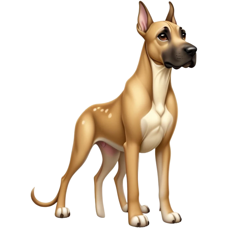 cinematic-[fawn great dane]-realistic-full-body-sitting-emoji,-tail-resting-loosely-beside-its-paws,-head-tilted-dramatically, ears down-sleek-[fawn]-fur,-simplified-yet-realistic-focused-features,-highly-detailed,-glowing-with-an-almost-sarcastic-glow emoji