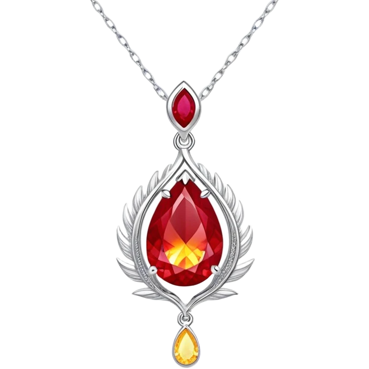 close-up teardrop ruby pendant with fiery light, yellow glow, tiny phoenix feather, shimmering white stones, silver chain emoji