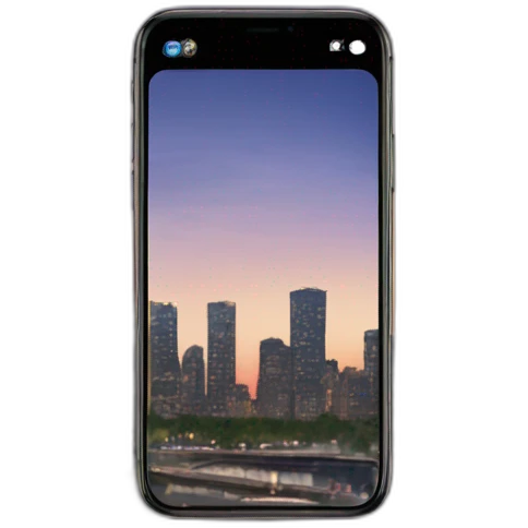 iPhone with open camera app taking a picture of evening city emoji