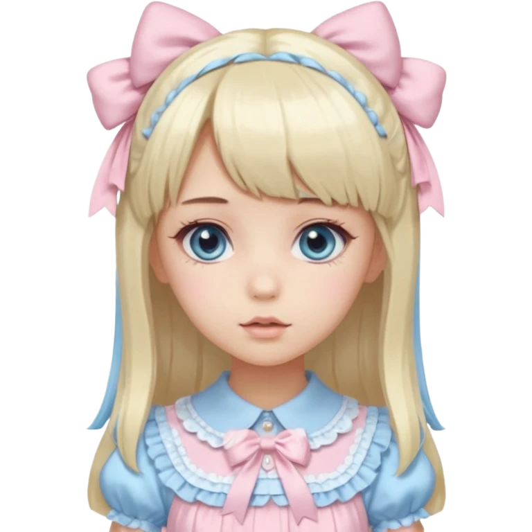 girl , who has straight hair blonde and baby bule swirled hair with bangs , grey eyes , and doll like makeup , in a light pink lolita hime gyaru dress  emoji