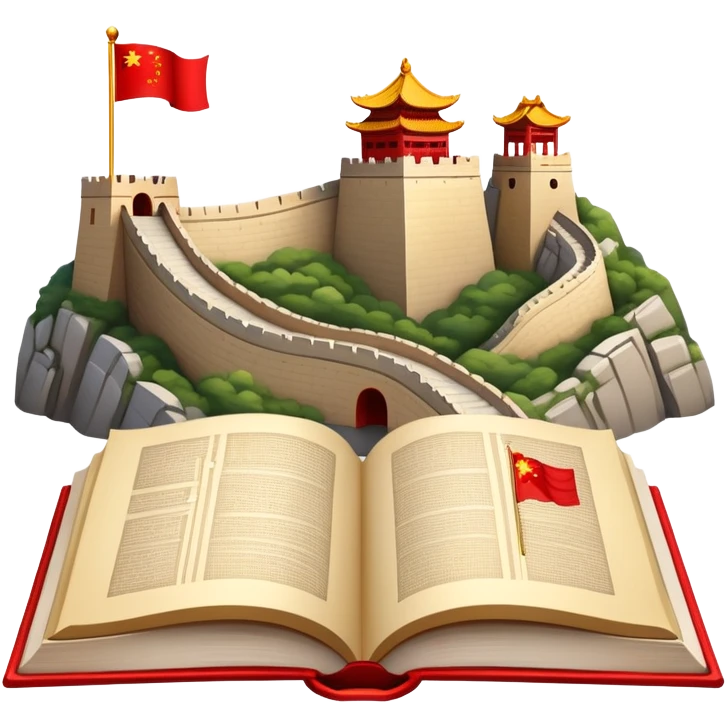 An icon featuring the Great Wall of China and the flag of China, symbolizing the Chinese language. The design includes an open book with Chinese characters and a red lantern, representing language learning and rich cultural tradition. Transparent background highlights the depth of Chinese heritage. emoji