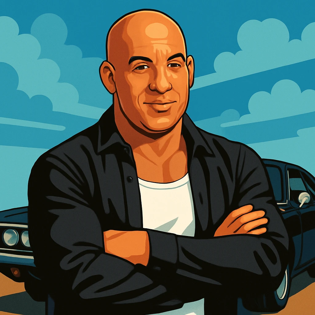 Vin Diesel wearing a white tank top and a black jacket, standing in front of a black car, realistic cartoon style emoji