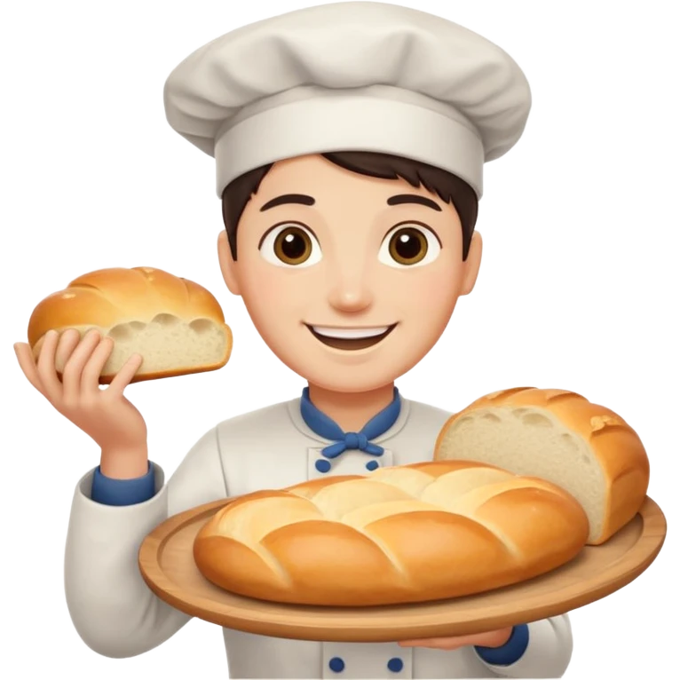 baker holding tray with big bread emoji