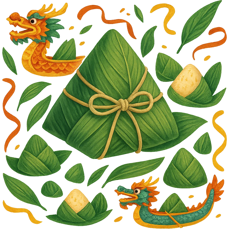 zongzi tied with string, surrounded by festive Dragon Boat Festival decorations emoji