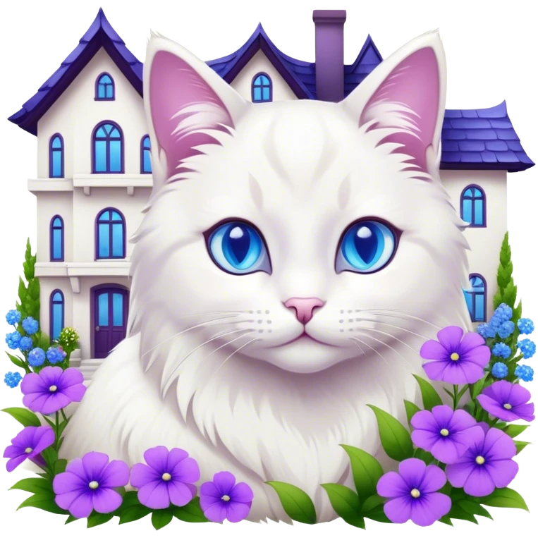 Cute cat next to a big house with purple flowers  emoji