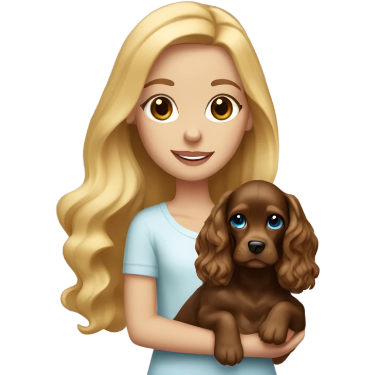 Blonde girl with blue eyes holding a golden brown english cocker spaniel emoji