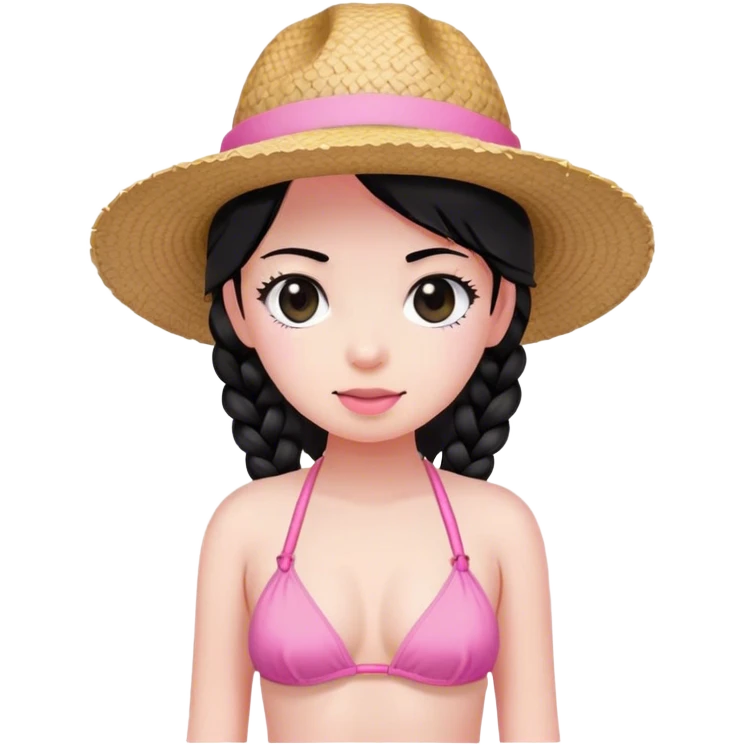 braid black hair, white skin, black eyes, wearing pink bikini, wearing straw hat emoji