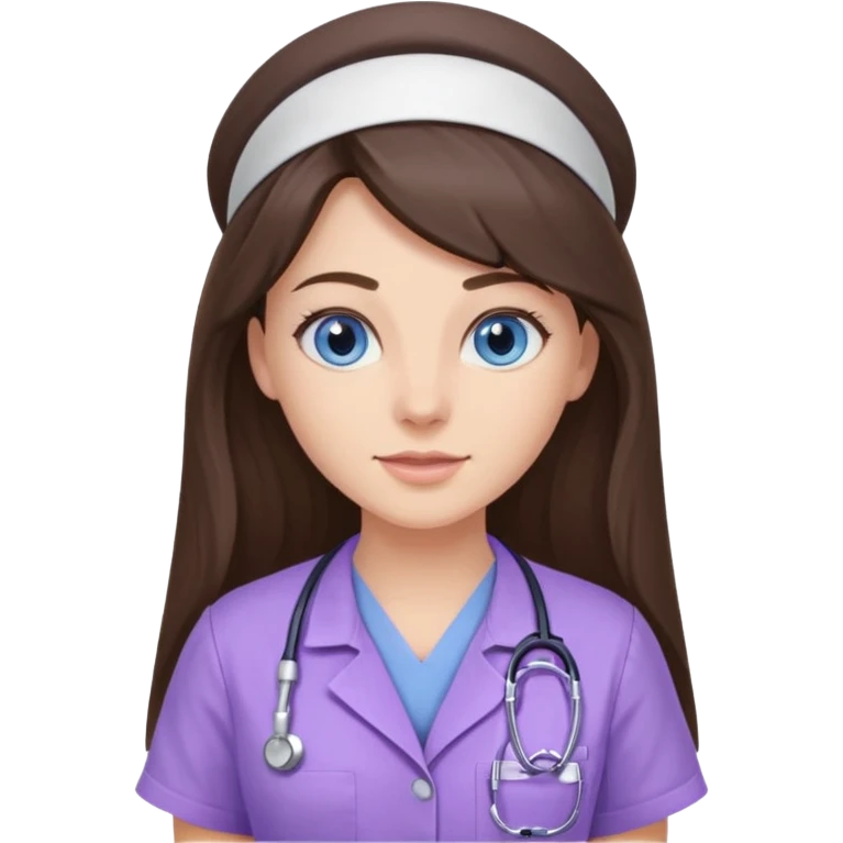 pretty brunette nurse with long hair and blue eyes in lilac scrubs emoji