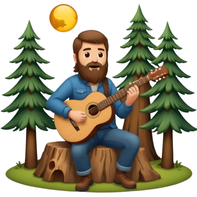 forest sticker character, bearded man with long brown hair playing acoustic guitar by pine trees emoji