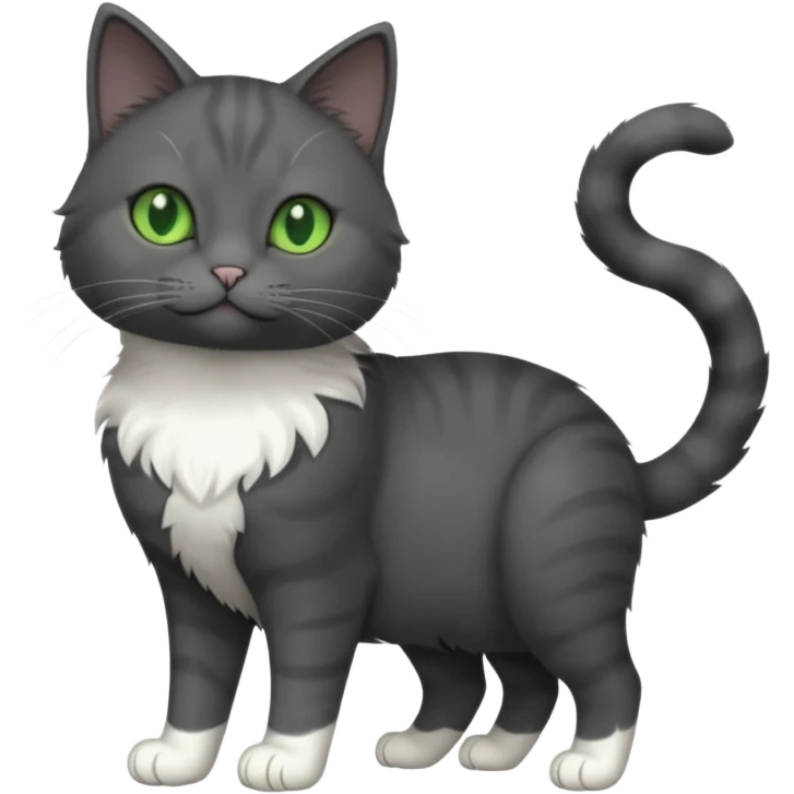 full body view of beautiful female solid dark grey cat with green eyes, white toes/paws and white patch on her chest emoji