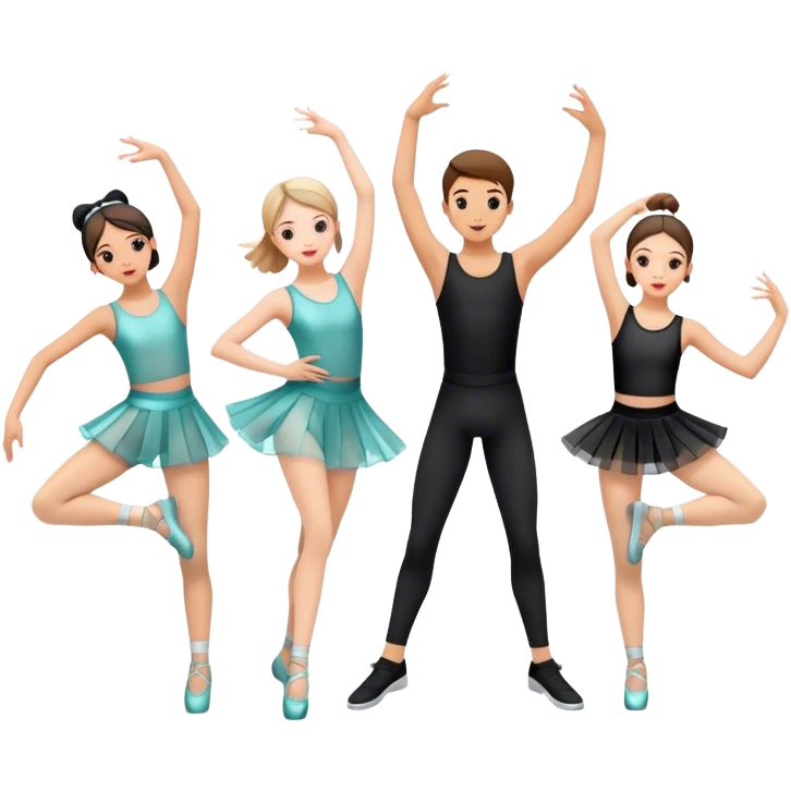 "Icon for Contemporary Dance: a synchronized boys and girls group performance on stage with backup dancers, bright stage lighting, and stylish dance outfits. The icon should capture the energy, precision, and excitement of a modern group dance performance. Transparent background. emoji