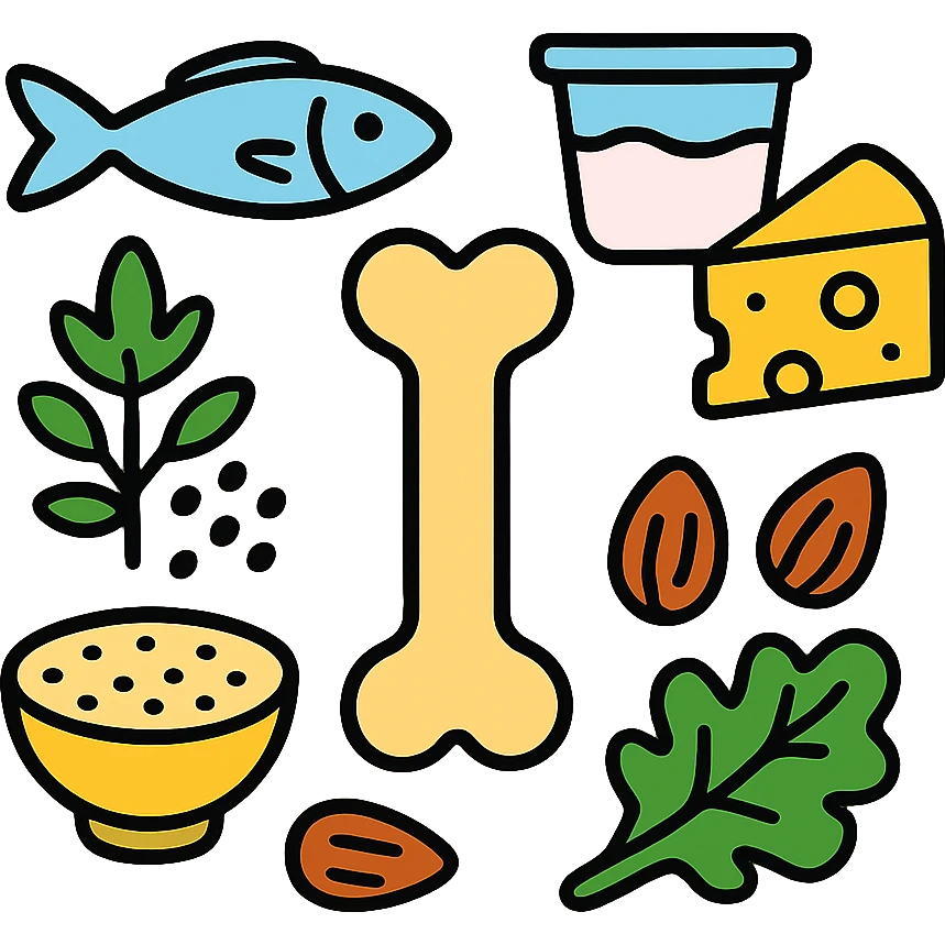 Sources of calcium: sardines, yogurt, cheese, sesame seeds, almonds and kale surrounding a single strong bone emoji