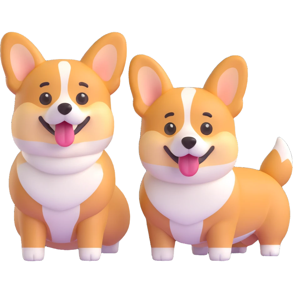 Remove the small corgi with the flower, leaving only the two adult corgis in the image. Keep the 3D emoji style and make the background transparent. emoji