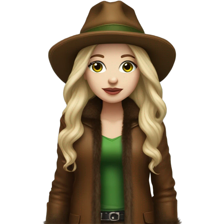 Realistic White girl with Long straight blonde hair, green eyes, tattoos, full body wearing Brown fur coat and fur hat and Brown leather boots emoji