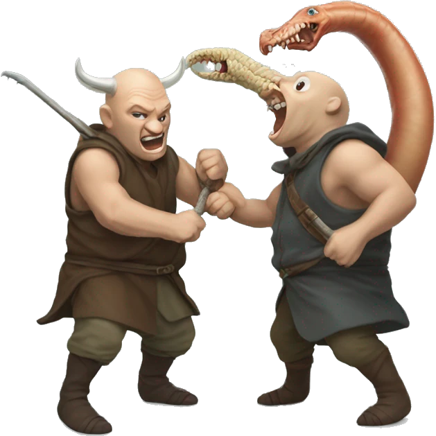 two hobbits fighting an alaskan bull worm emoji