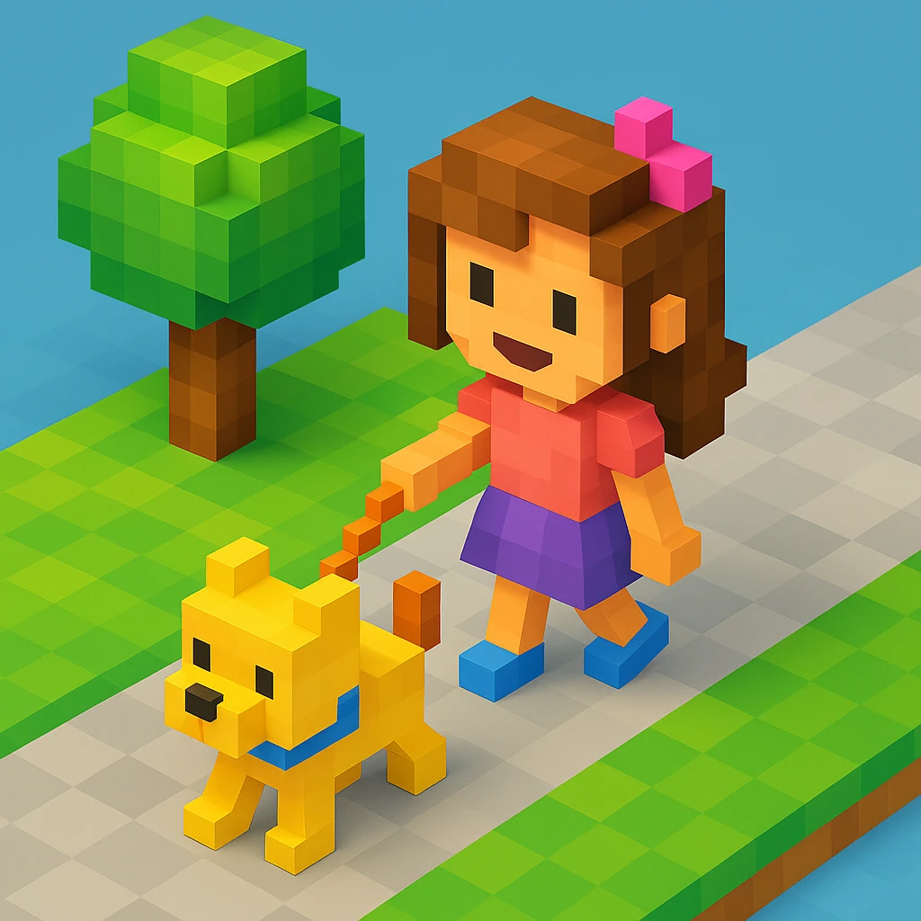 girl and her dog on a walk, realistic background emoji