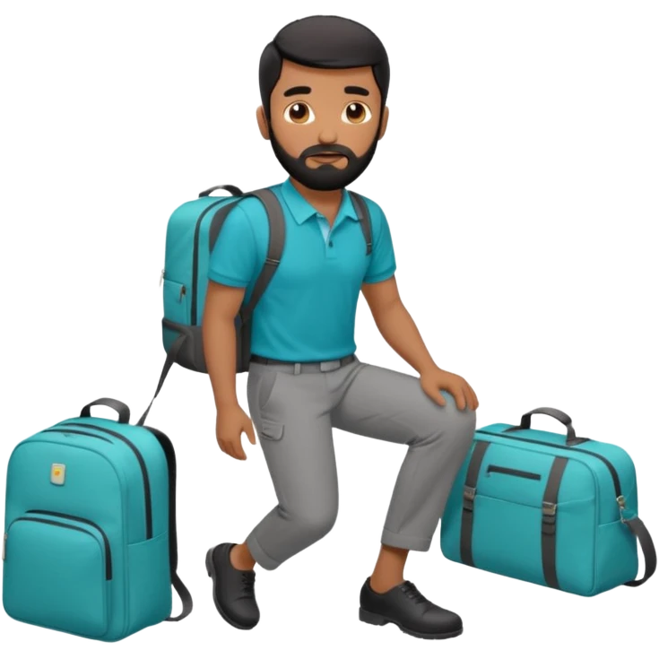 man with black short male hair and black hair and beard and hes in a office with his grey backpack on the floor and he has a tourquose polo shrit with gre dress pants and hes working at a hotel emoji