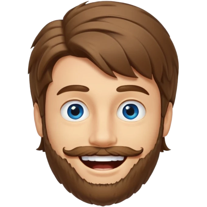 25 year old man, short scruffy beard and sparse moustache, brown puffy mullet, blue eyes, big smile, white teeth, big lips, pronounced jaw, hair longer in back, sticking up on top emoji