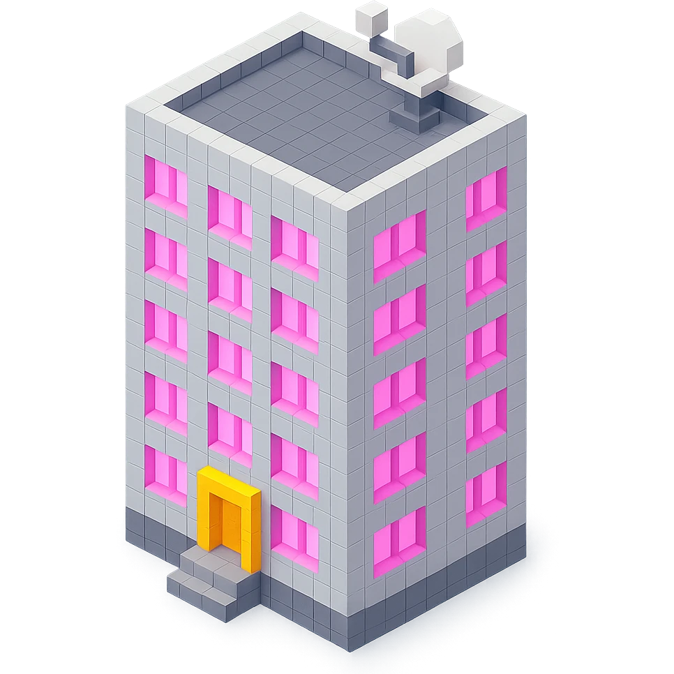 Russian panel apartment building, square block, light gray, pink glowing windows, visible entrance, satellite TV dish on the roof, isometric view emoji