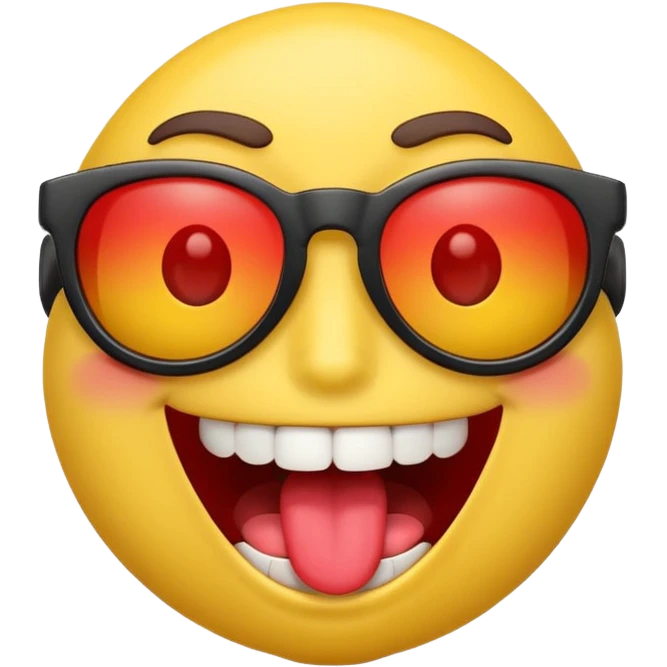 3D emoji character with bright yellow face, wide open smile showing white teeth and red tongue, raised brown eyebrows, and black sunglasses, rendered in a playful and glossy style on transparent background emoji