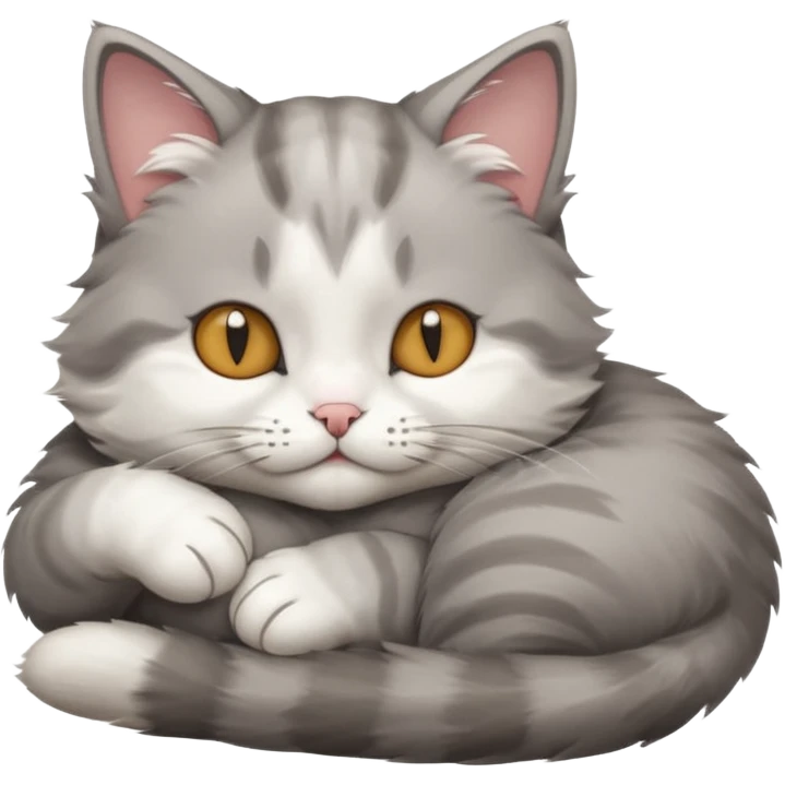 grey and white small cat with its eyes closed lying down with its paw curled and holding up his head emoji
