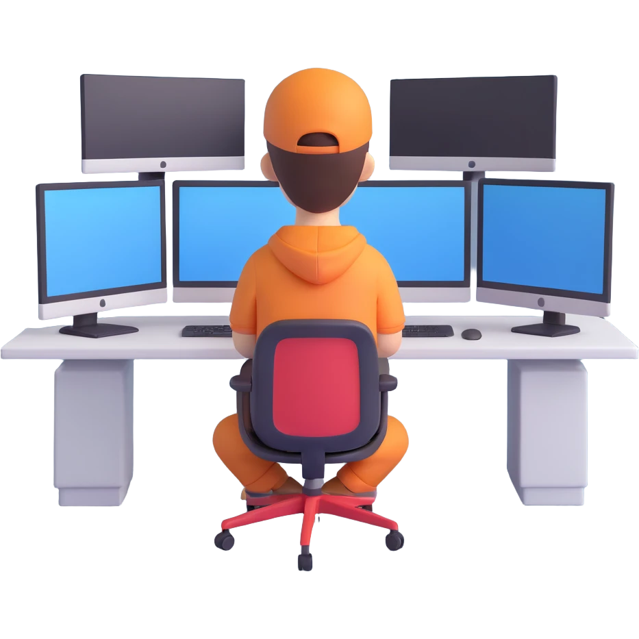 A character sitting in front of a computer with multiple monitors emoji