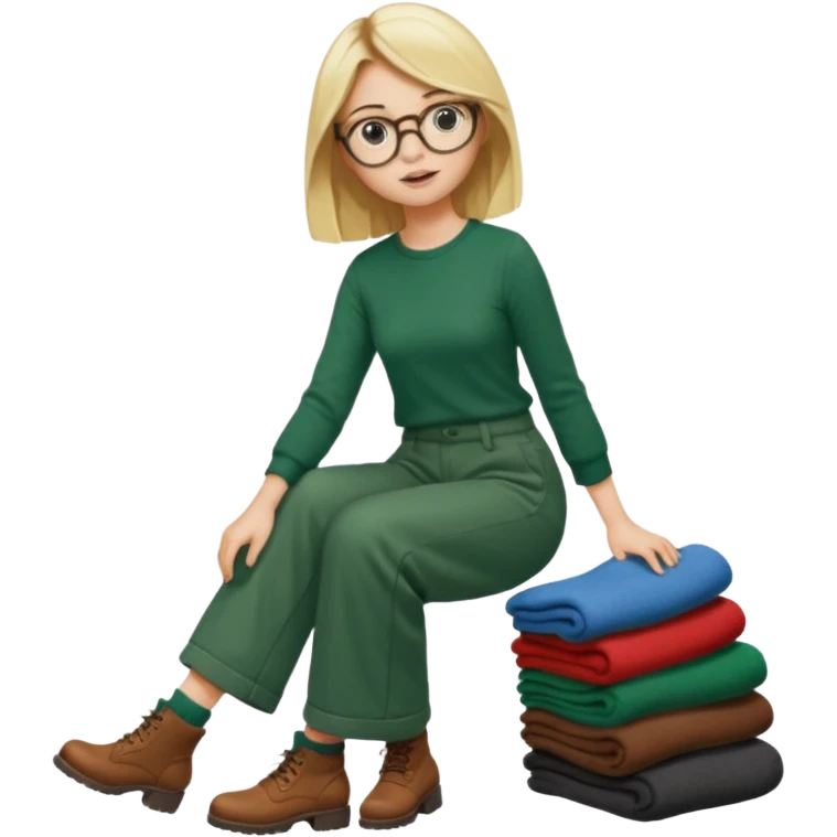 Fille blonde, pantalon ample vert foncé. Lunettes ronde fine. Bottines marrons. Elle pousse une cargaison de chaussettes  emoji