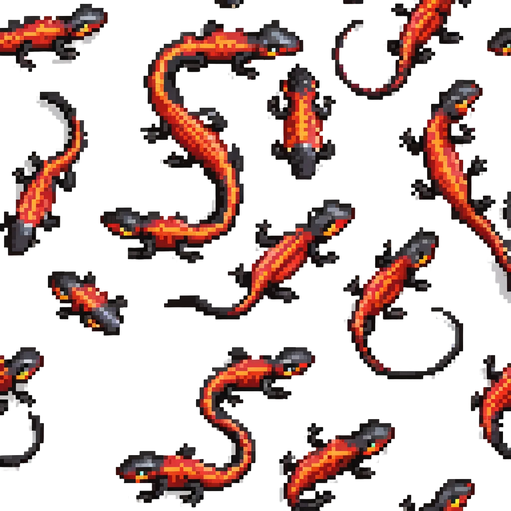 Black salamander with bright red flame-like patterns on its scales, fiery design emoji