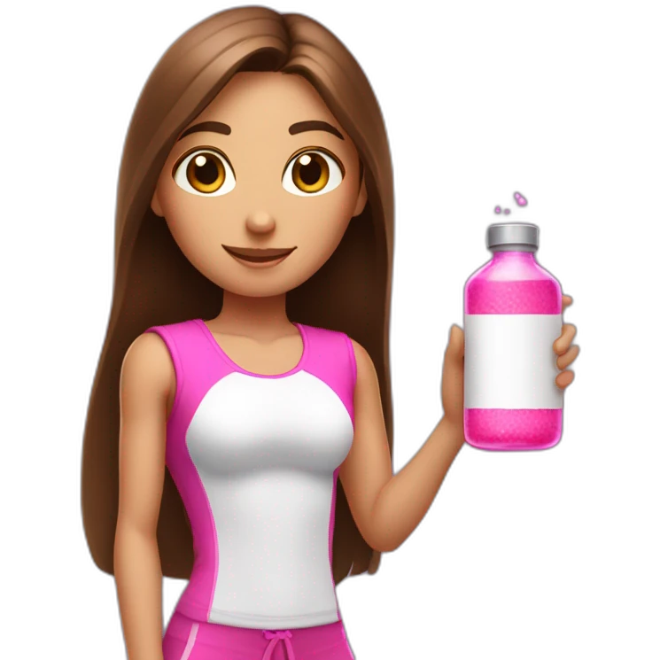 fitness girl with straight long brown hair, wearing white and holding a pink magic potion emoji