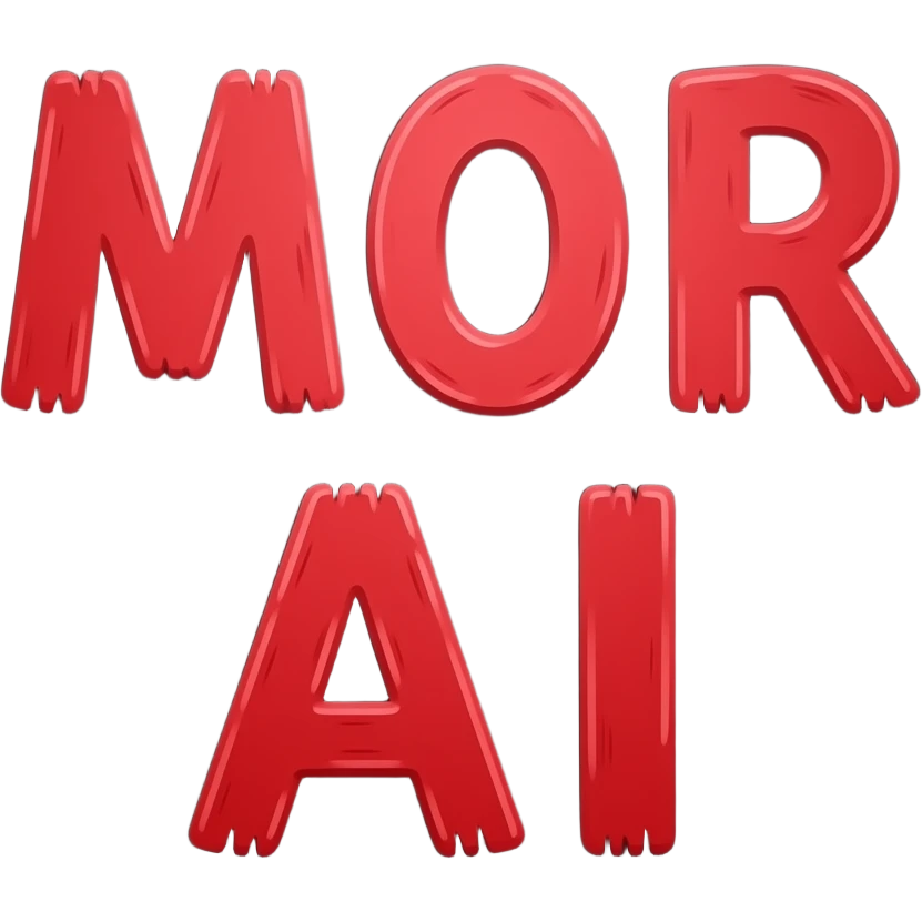 black backgroun with the following in all caps "MOR AI" in red. childlike but intentional, bold and legible, uneven baseline, varying letter heights, slightly clumsy but charming, looks like hand-painted protest sign lettering emoji