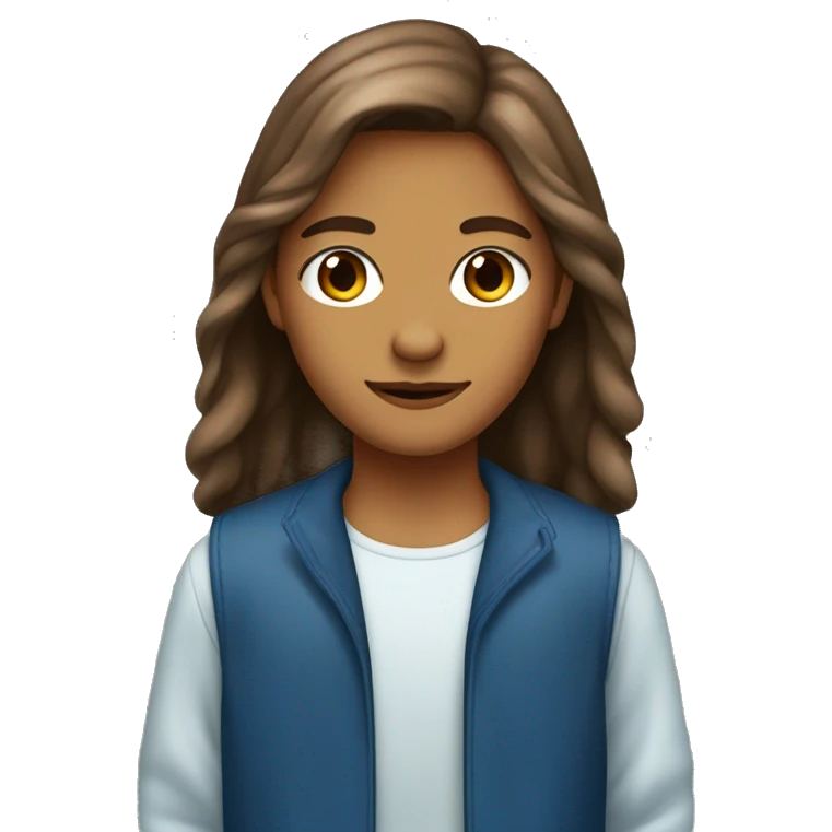 Una chicacon el pelo castaño clarito, ojos marrone muy oscuros, sin pecas, nariz recta, con bastante pecho y la ropa de color azul emoji