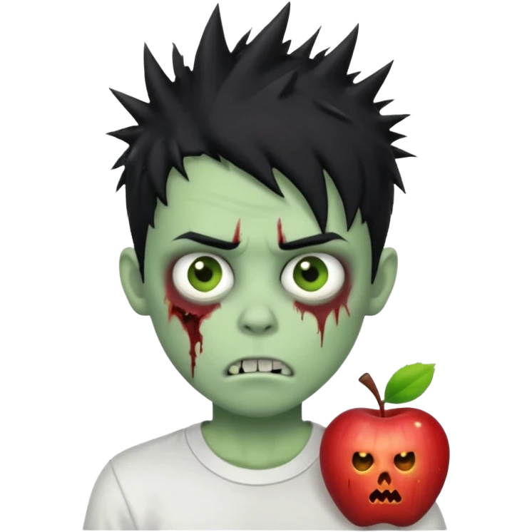 zombie boy with messy spiky black hair, white shirt, pale green skin, apple emoji style emoji