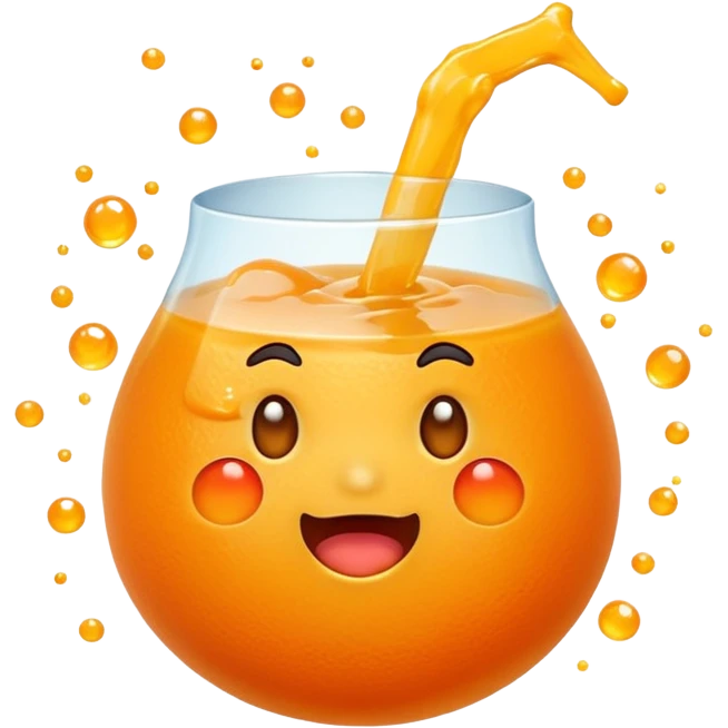 Cute mandarin emoji exploding with juice, chubby shape, sparkles, playful expression, kawaii style, transparent background. emoji
