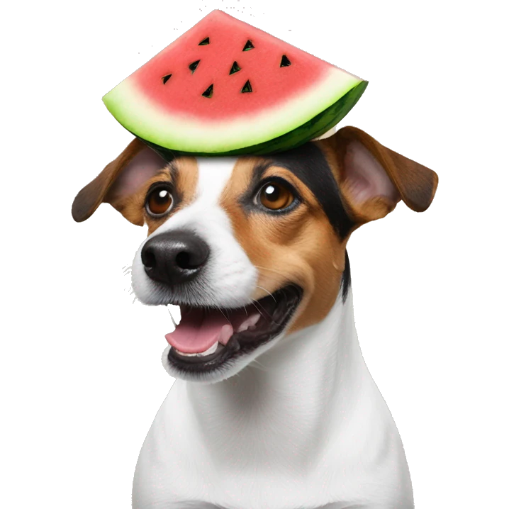 a jack russel with a watermelon on his head making a helmet of himself emoji