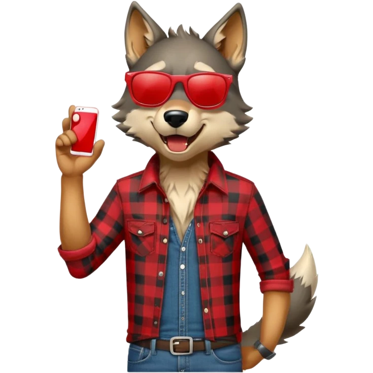 friendly anthropomorphised wolf in jeans and plaid shirt, wearing dark sunglasses, howling, upright pose emoji