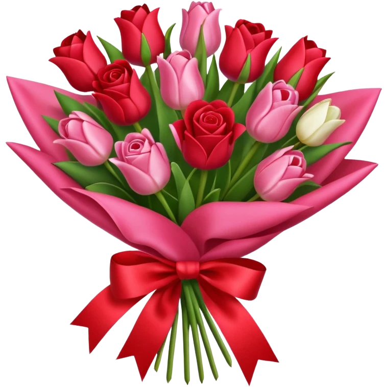 Create an bouquet with red and pink roses and tulips inside a white flower bouquet with red ribbon around it emoji
