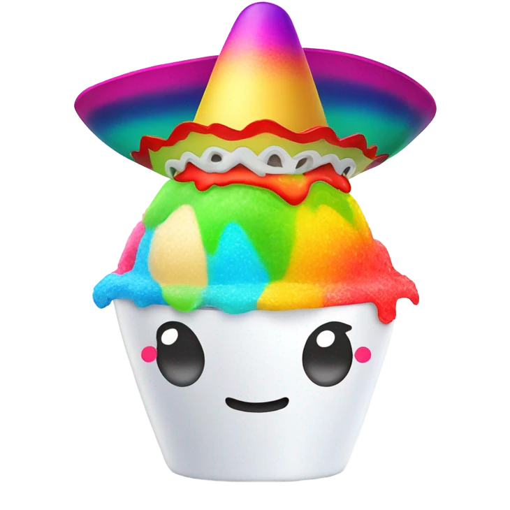 Shaved ice character in a white cup with arms and legs with a rainbow head and a Mexican sombrero  emoji