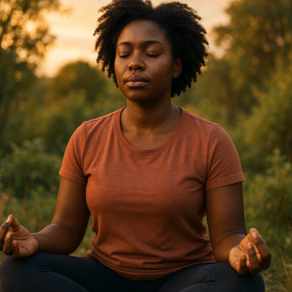 realistic style portrait of a black woman meditating, with a nature background and warm light emoji